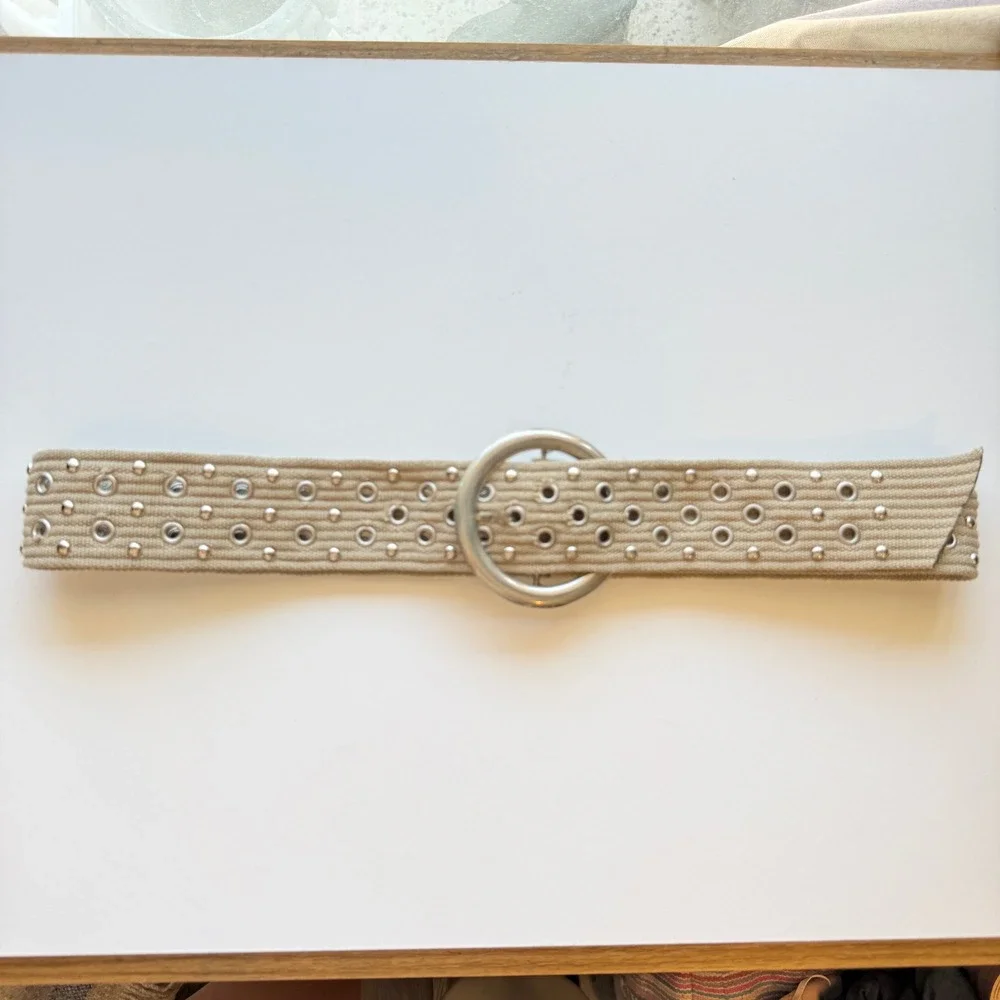 Womens Tan Canvas Grommet Studded Belt Silver Round Buckle Wide Utility Y2K